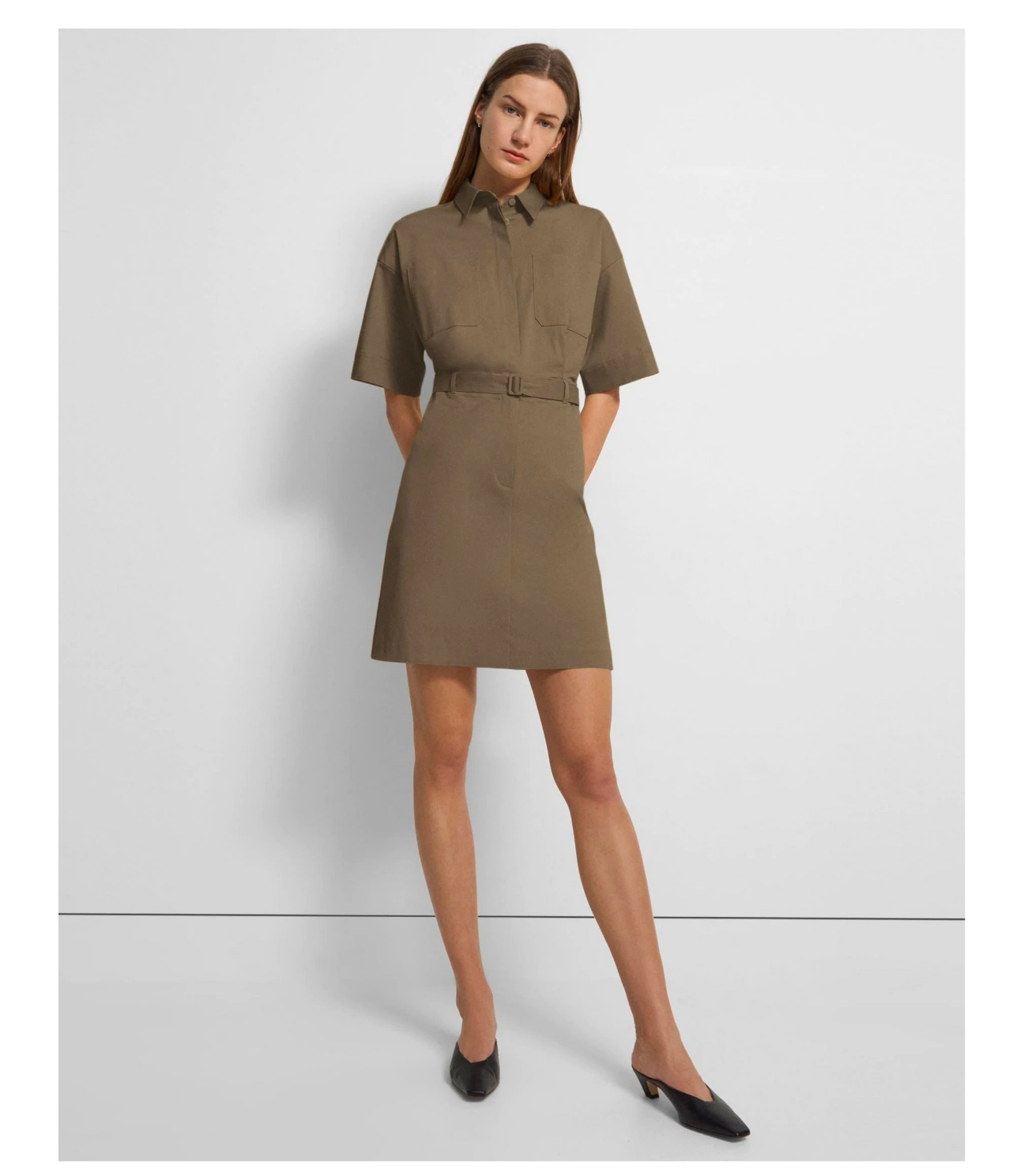 Belted Shirt Dress in Stretch Cotton Twill