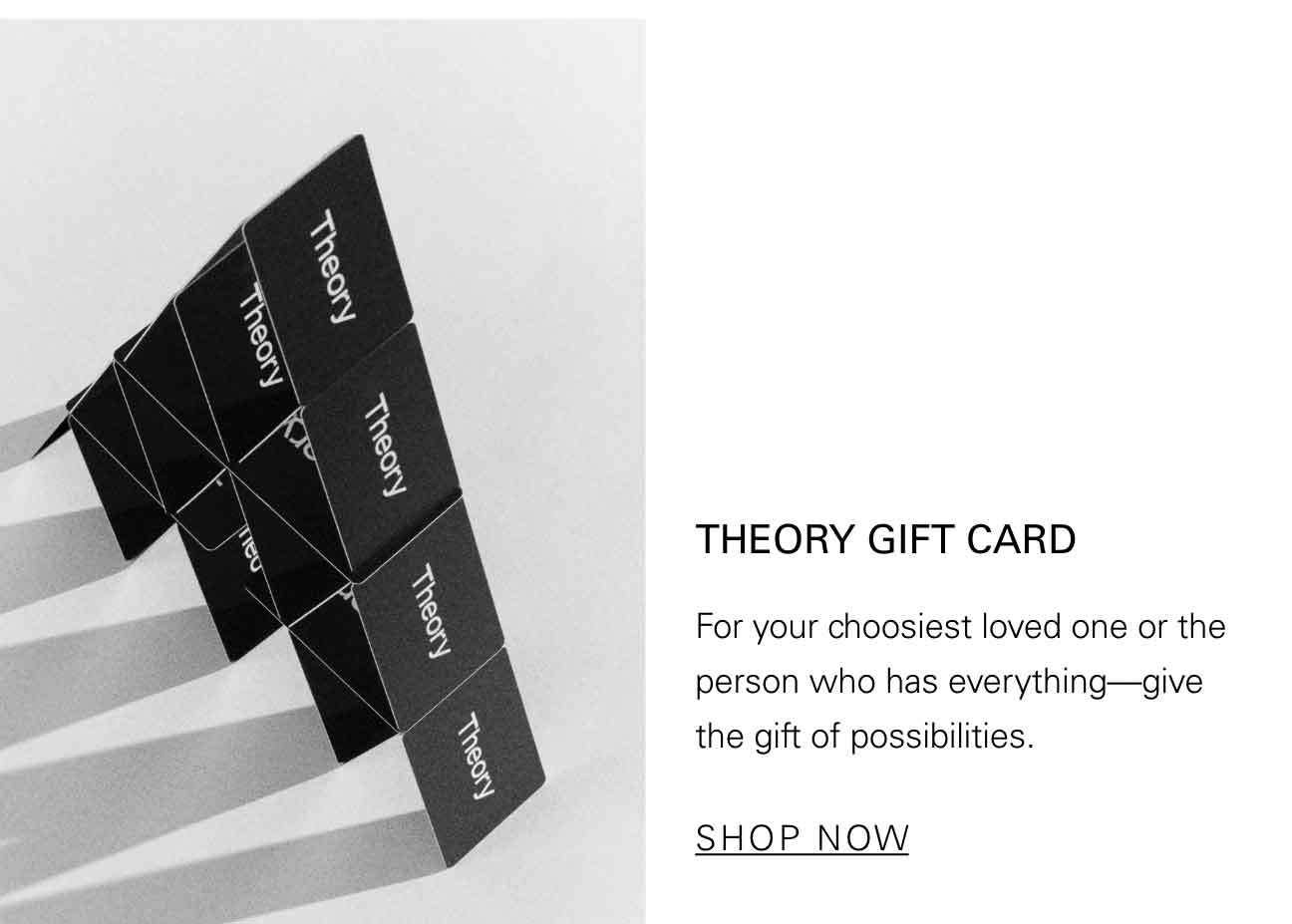 THEORY GIFT CARD For you choosiest loved one or the person who has everything—give the gift of possibilities. SHOP NOW