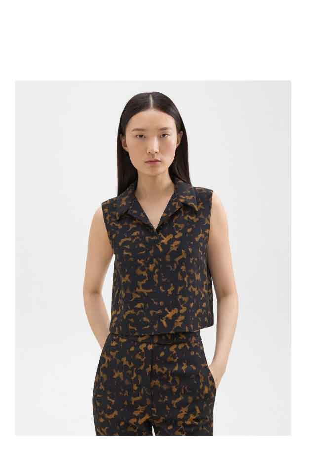 Cropped Sleeveless Polo in Tortoiseshell Printed Crepe