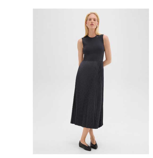 Pleated Combo Dress in Stretch Wool-Blend