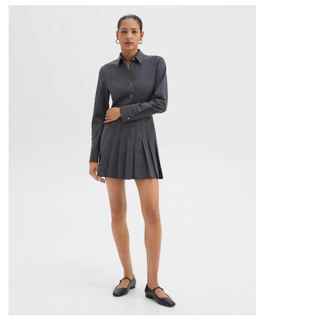 Pleated Mini Shirt Dress in Stretch Wool-Blend