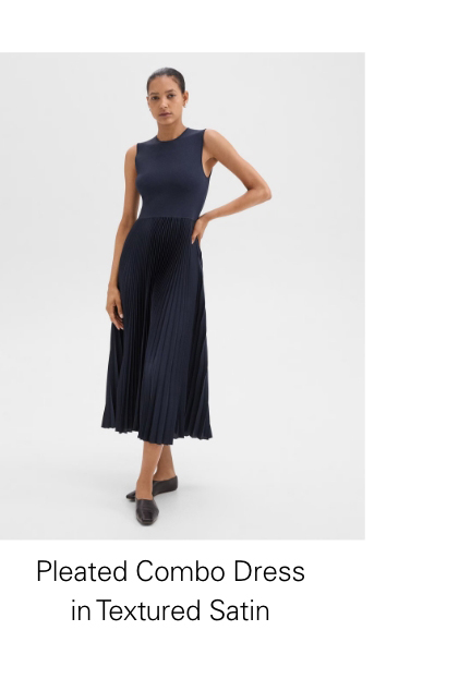 Pleated Combo Dress in Textured Satin