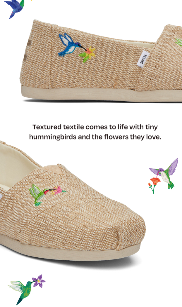 Textured textile comes to life with tiny hummingbirds and the flowers they love