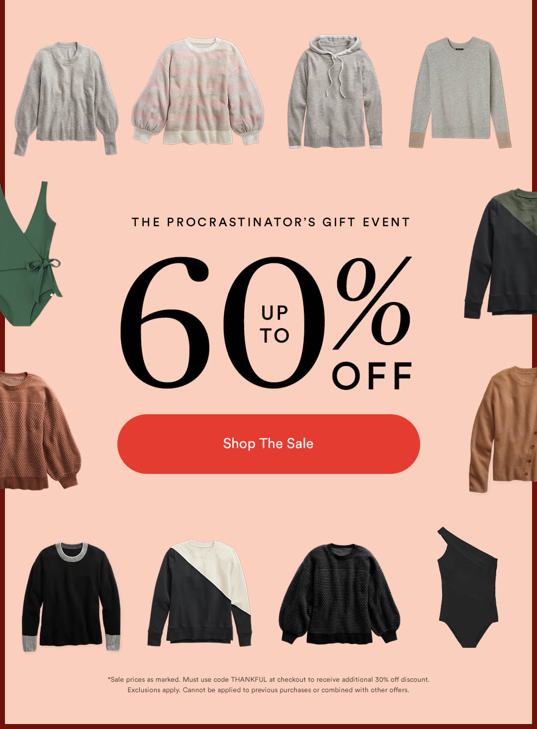 The Procrastinator Gift Event - Up to 60% off. Peach block with Summersalt apparel flatlay images around border.