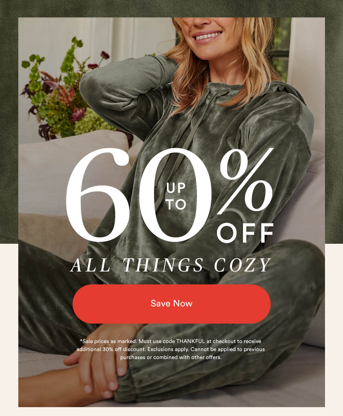 Up to 60% off all things cozy. Image of blonde woman sitting on a ivory couch wearing the Summersalt Plush Velour Set in olive