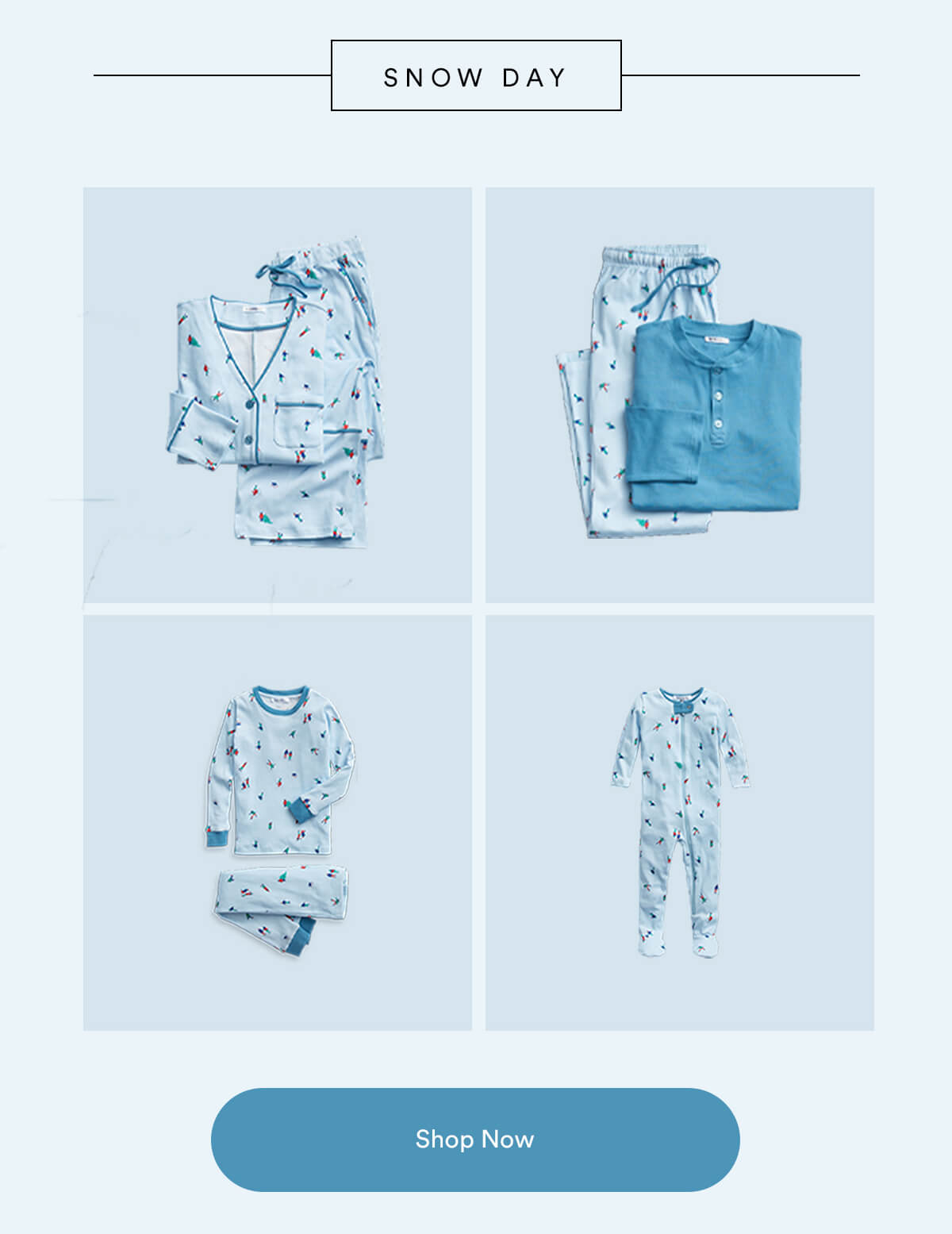Snow Day Holiday Family Pajamas. Four image grid showing various sizes of Snow Day print.