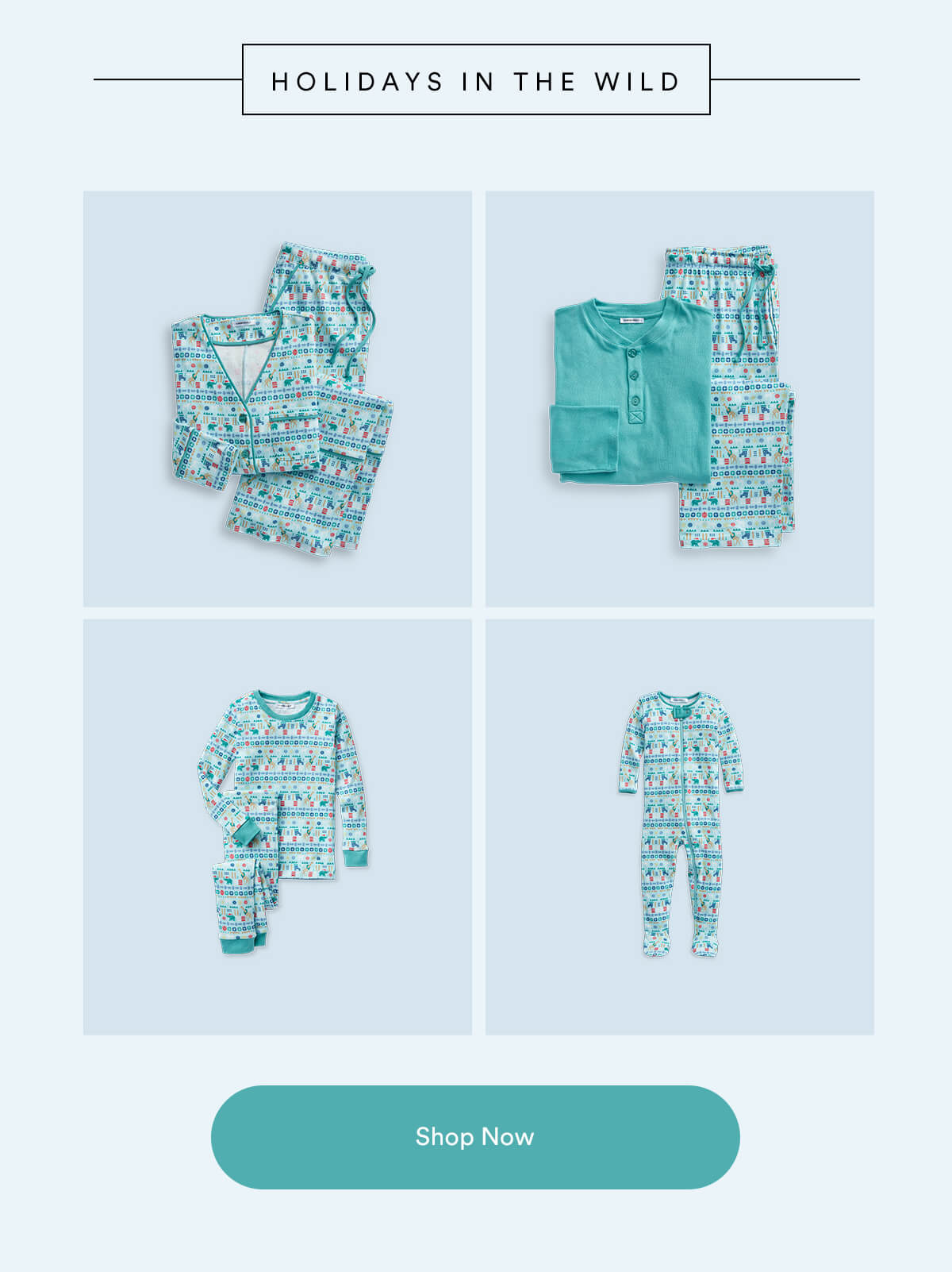 Holidays in the wild. Four image grid with Holiday Family Pajamas in Live in the Holidays in the wild print.