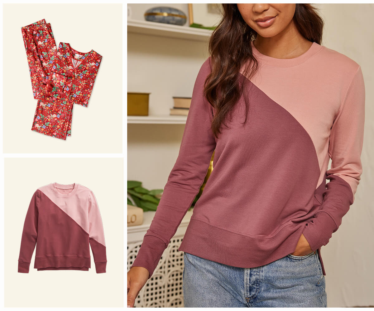Large image of woman wearing Softest French Terry pullover and two flay lay images of Summersalt loungewear.