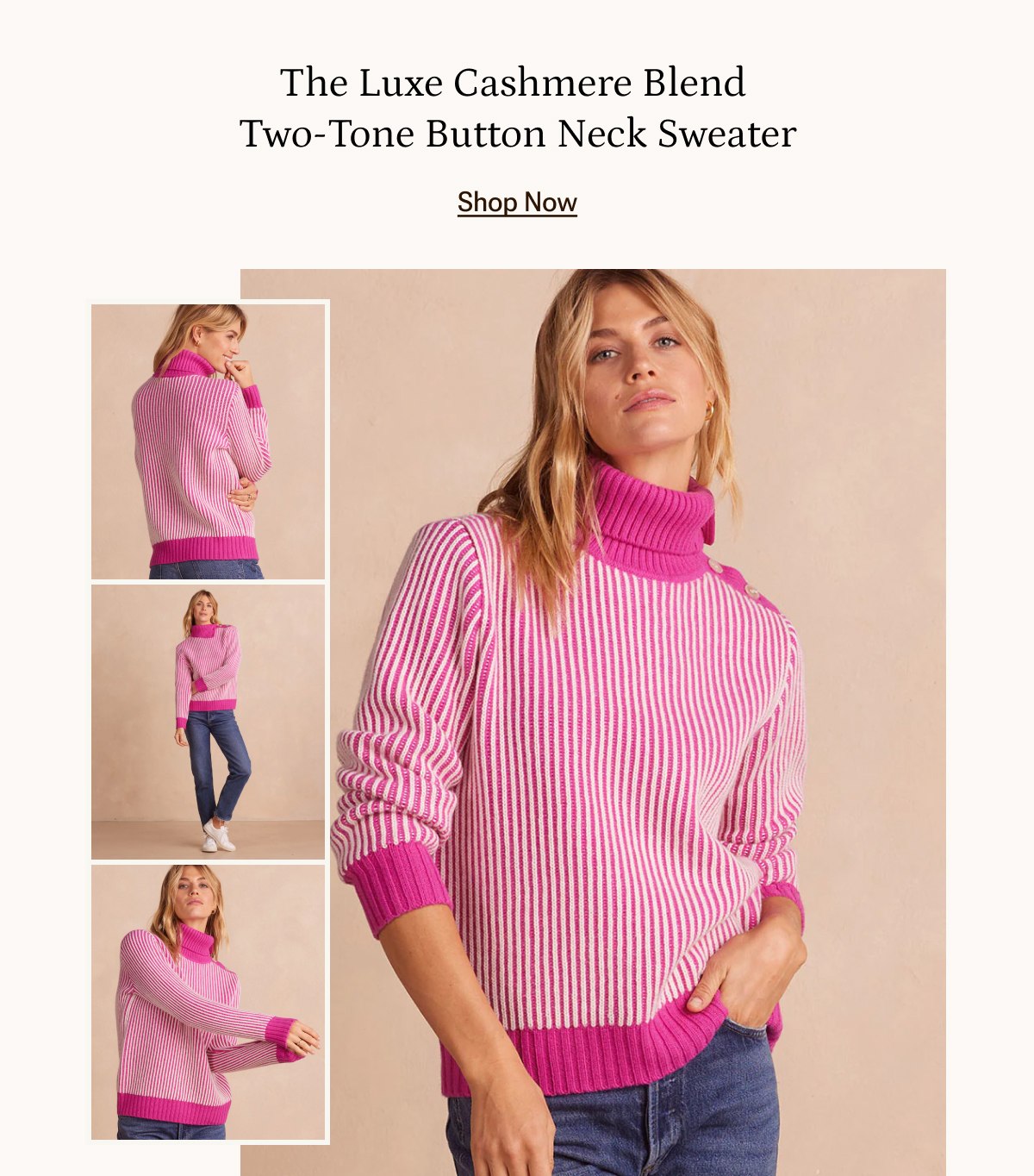 Shop the Luxe Cashmere Blend Two Tone Button Neck Sweater.