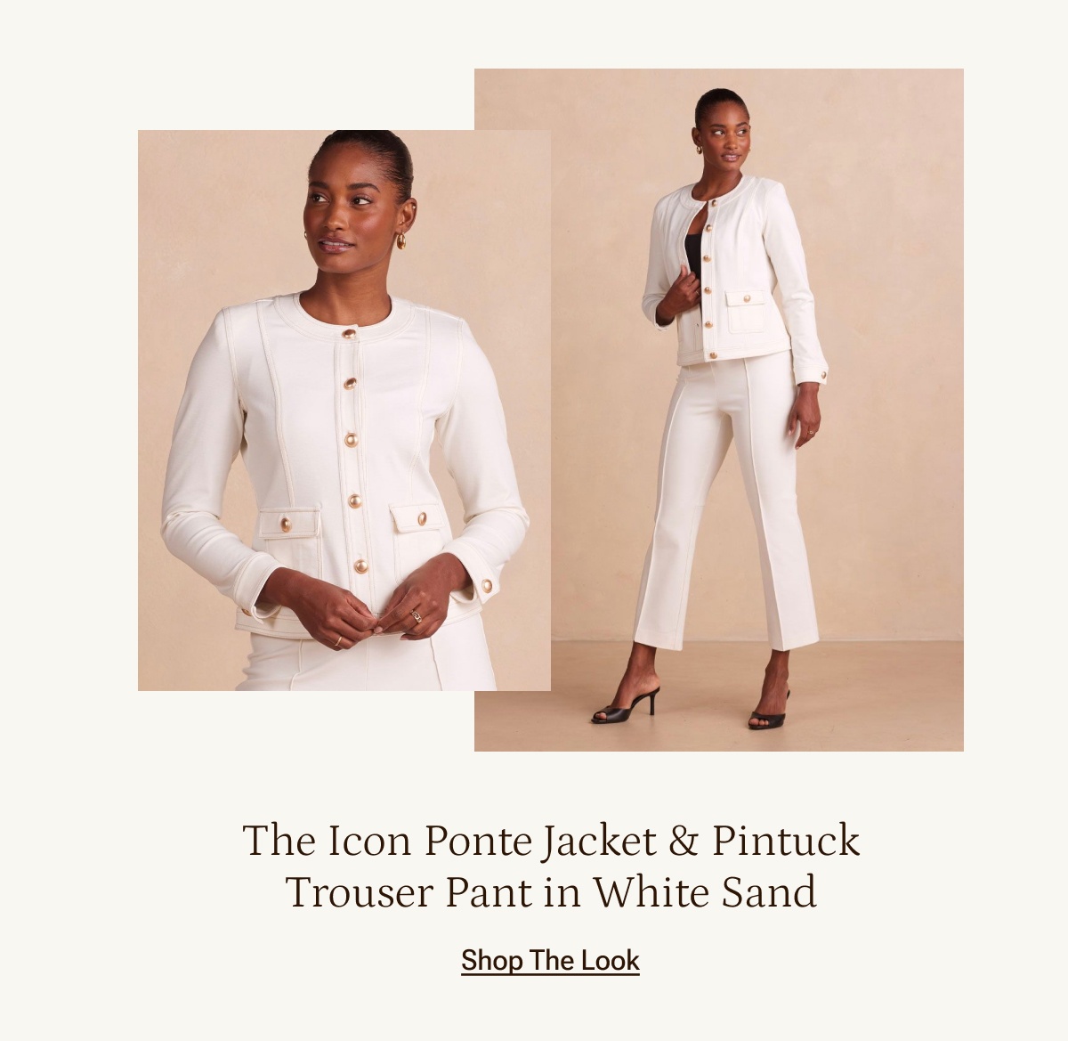 Shop the Icon Ponte Jacket and Pintuck Trouser Pant in White Sand