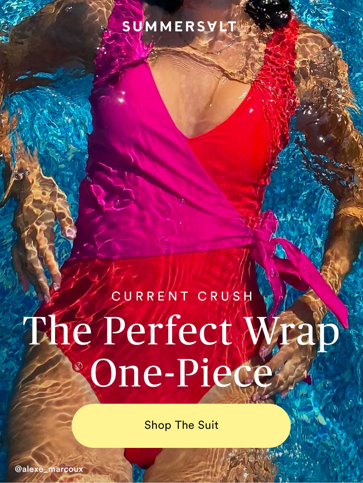 Current crush. The Perfect Wrap One-Piece. Shop the suit. Lifestyle image of woman in pool wearing the Perfect Wrap One-Piece in Grapefruit and Hibiscus.