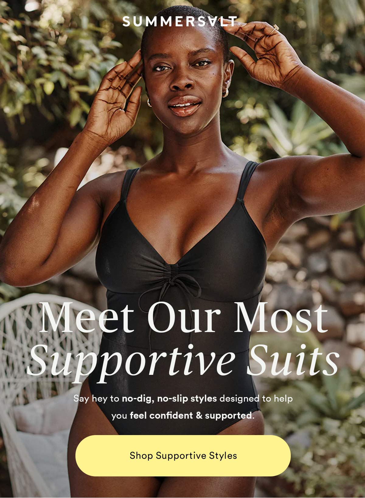 Meet our most supportive styles. Image of woman wearing the Summersalt Cinched One-Piece in Sea Urchin