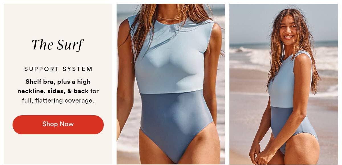 The Surf- Shelf bra plus high neckline, sides and back for full, flattering coverage. Two images of woman wearing The Surf.