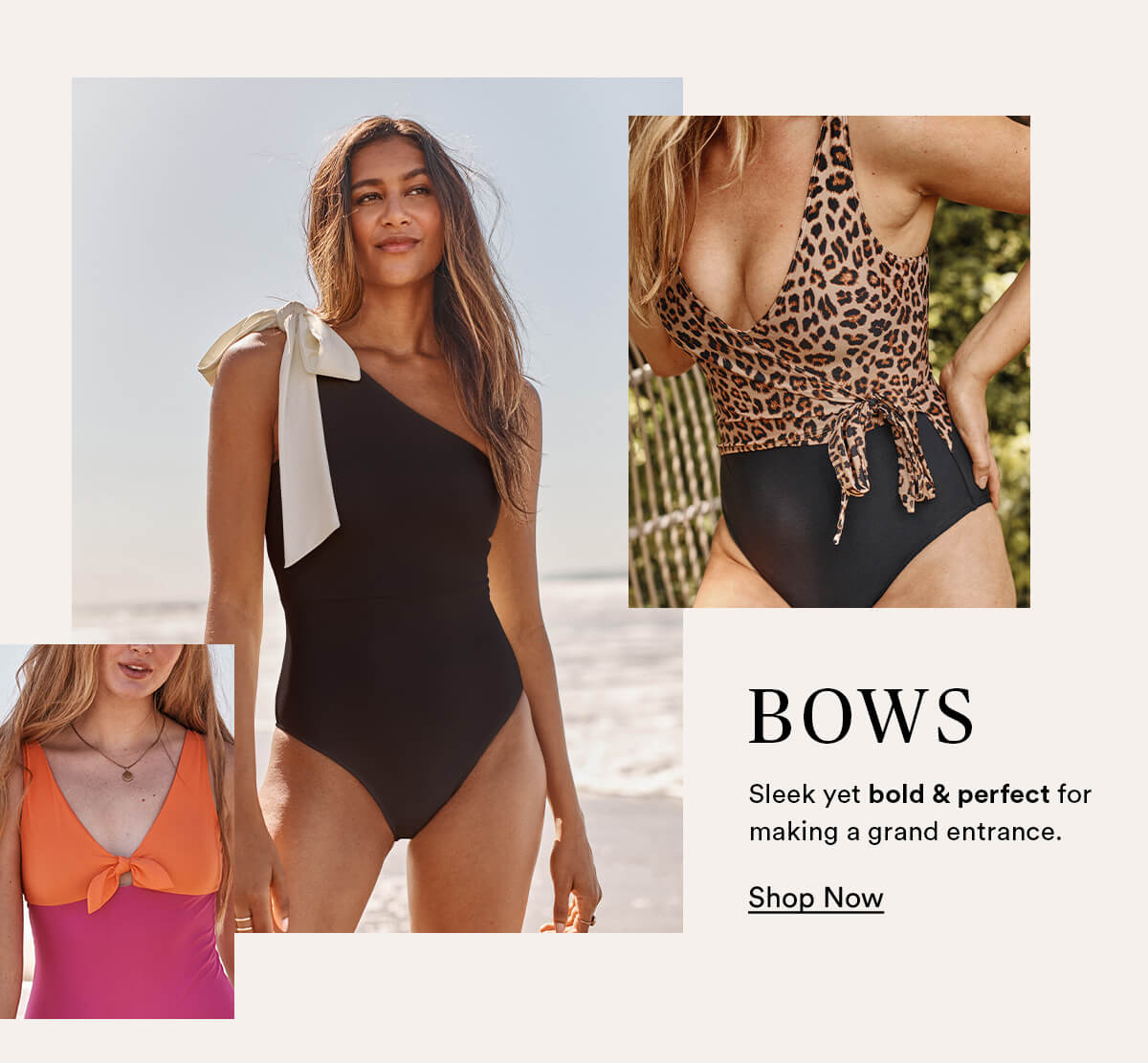 Bows. Sleek yet bold and perfect for making a grand entrance. Three images of Summersalt bow swimsuits.