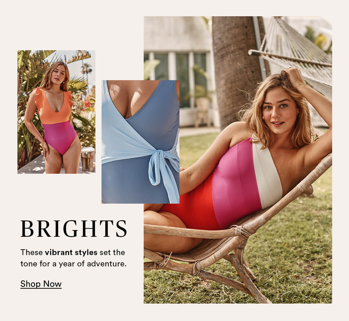 Brights. These vibrant styles set the tone for a year of adventure. Three images of Summersalt suits in bright colors.