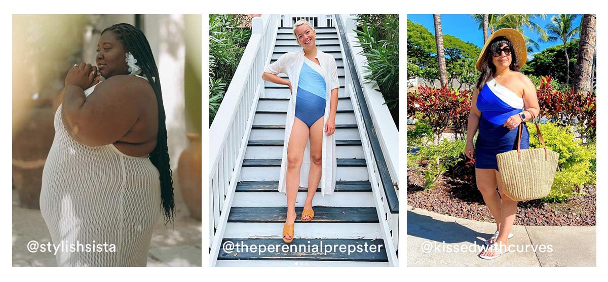 3 lifestyle images of women wearing the Crochet Halter Dress in Natural, the Sidestroke in Sky, Blue Mountain, and White Sand, and the Sidestroke in Hydrangea, Deep Sea, and White Sand.