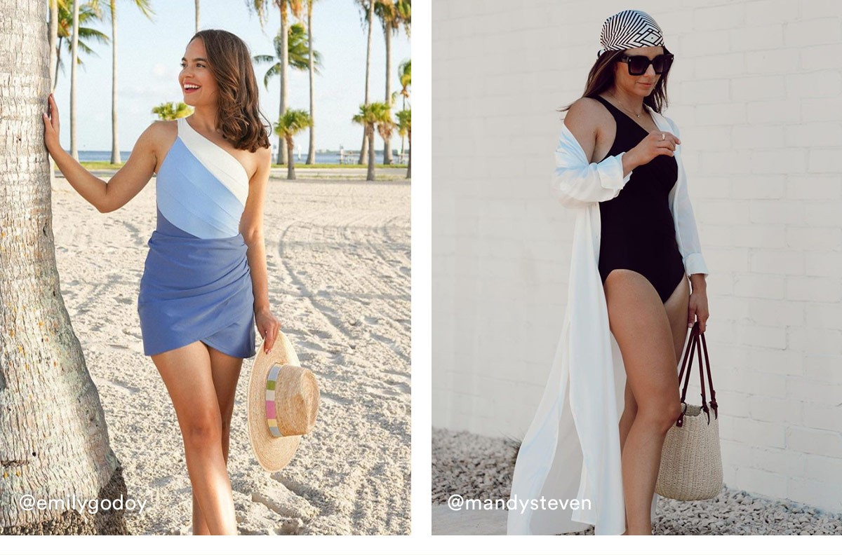 Two lifestyle images of women wearing the Sidestroke in Sky, Blue Mountain, and White Sand and the Ruched Swim Skirt in Blue Mountain, and the Sidestroke in Sea Urchin.