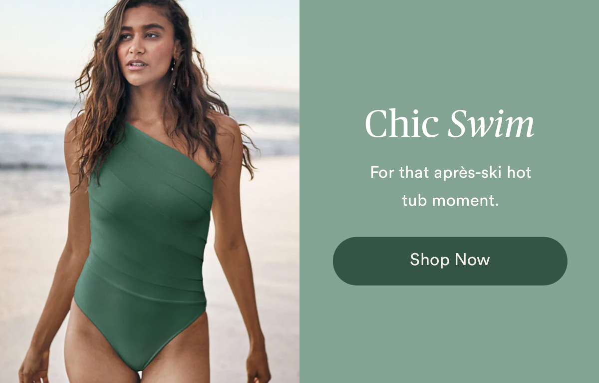 Chic Swim for the apres-ski hot tub moment. Image of woman posing in Summersalt Sidestroke in Olive. Shop Now.