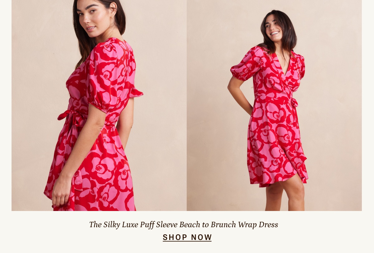 Shop the Silky Luxe Puff Sleeve Beach to Brunch Wrap Dress.