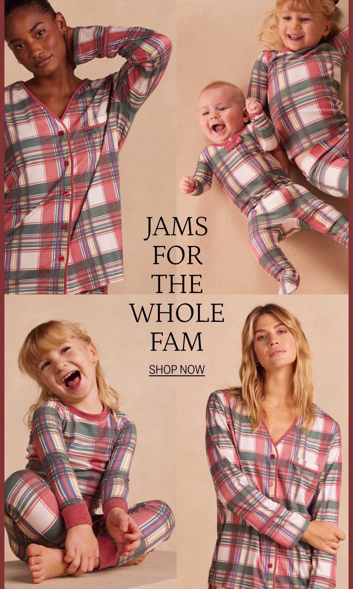 Women and kids wearing matching holiday pajamas in the same print