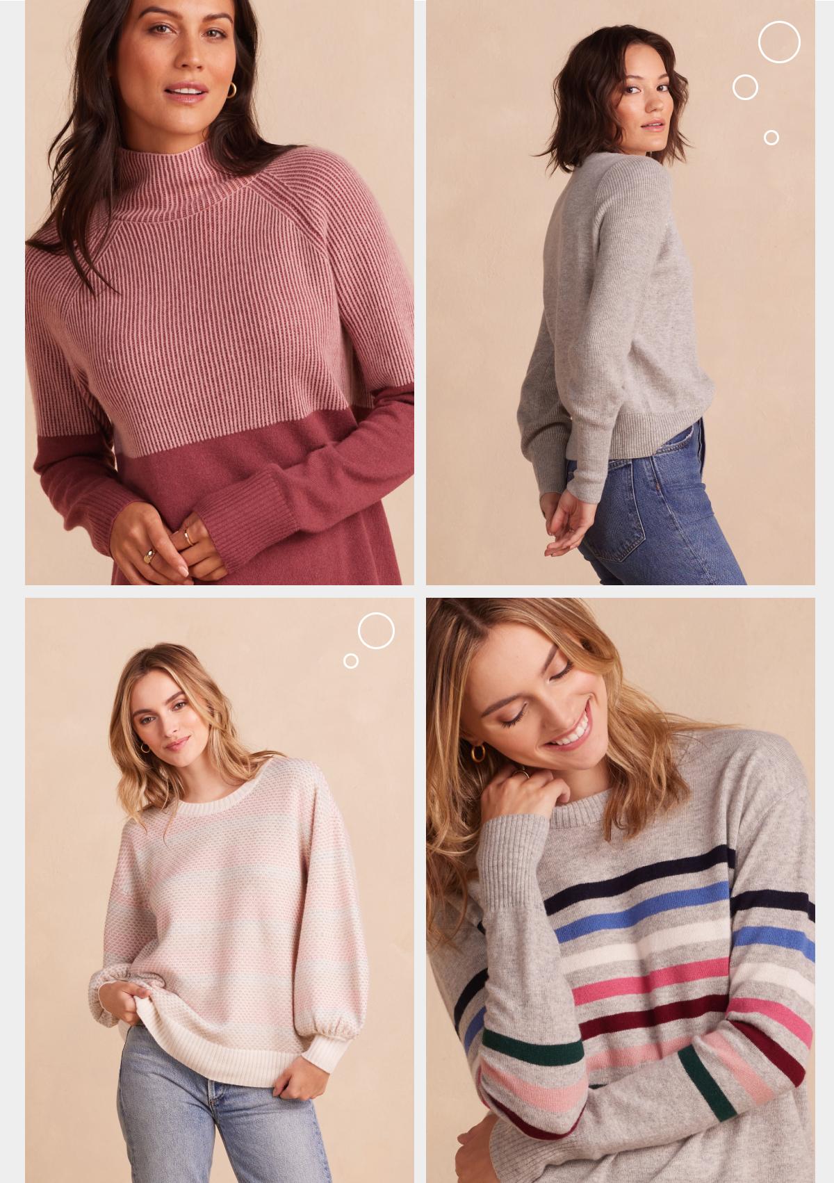 Models wearing various washable cashmere sweaters in solid colors and stripes