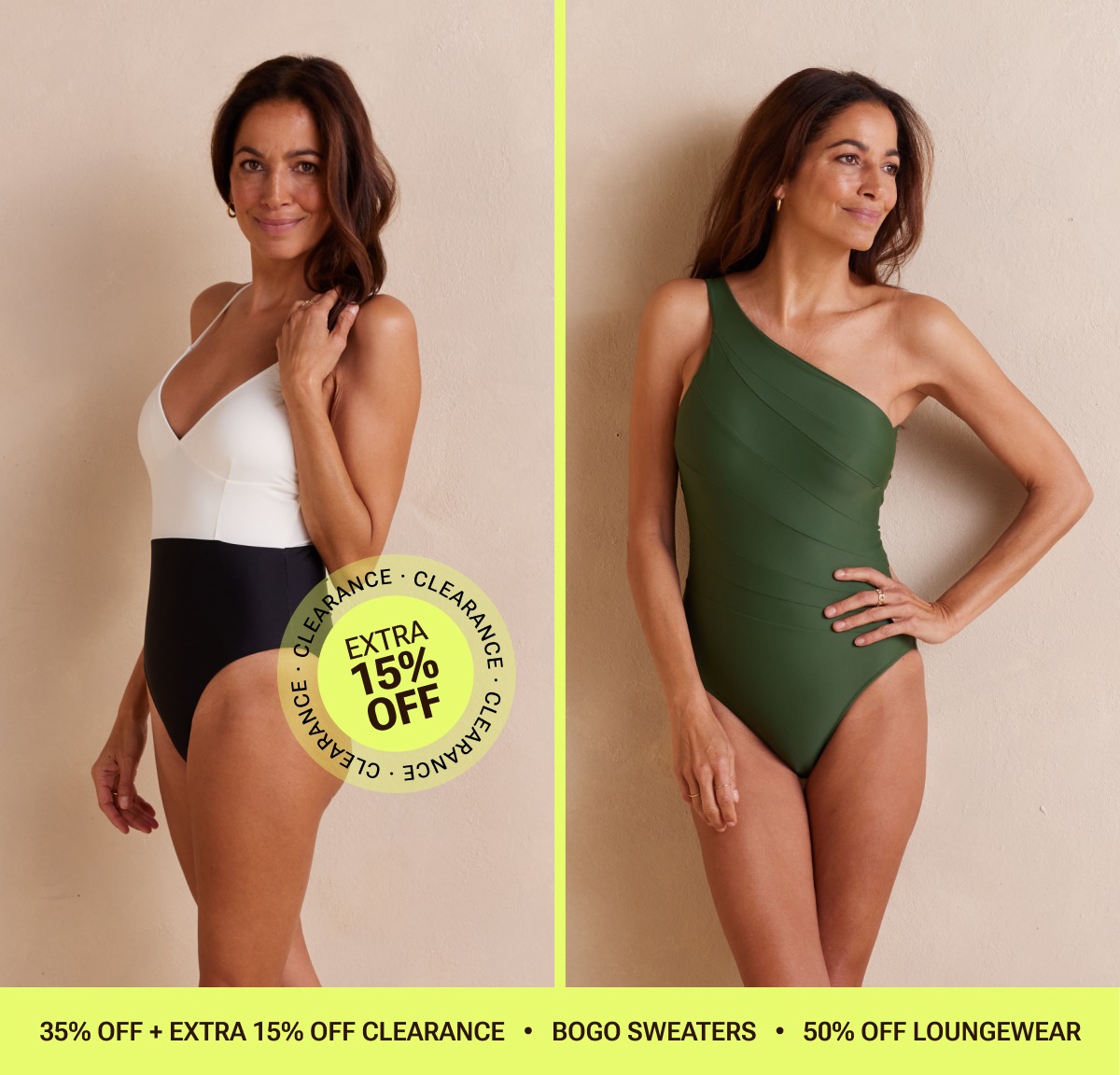 Model wearing a white and black colorblock one piece swimsuit and other model wearing a green one piece swimsuit