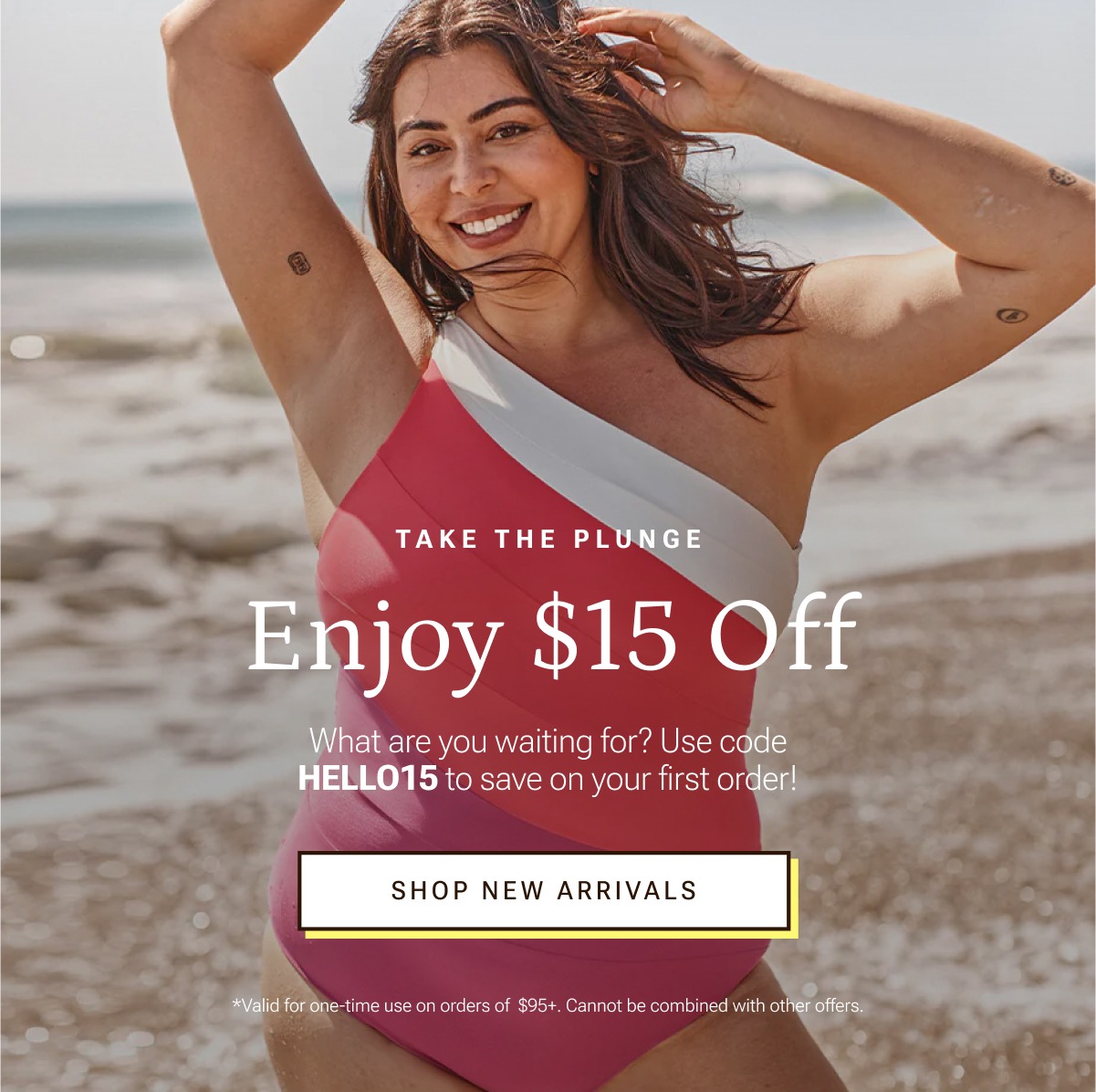 Enjoy $15 off with code Hello15. Image of woman wearing Summersalt Sidestroke on beach.