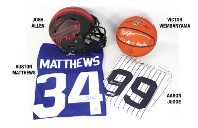 Autographed Josh Allen Helmet, Autographed Austen Matthews Jersey, Autographed Victor Wembanyama Basketball, Autographed Aaron Judge Jersey