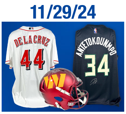 Giveaways for Friday, November 29th Jayden Daniels (Washington Commanders) Autographed Full Size Helmet Elly De La Cruz (Cincinnati Reds) Autographed Jersey Giannis Antetokounmpo (Milwaukee Bucks) Autographed Jersey