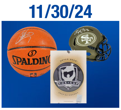 Giveaways for Saturday, November 30th Steph Curry (Golden State Warriors) Autographed Basketball 2022/23 The Cup Hobby Box Christian McCaffrey (San Francisco 49ers) Autographed Mini Helmet