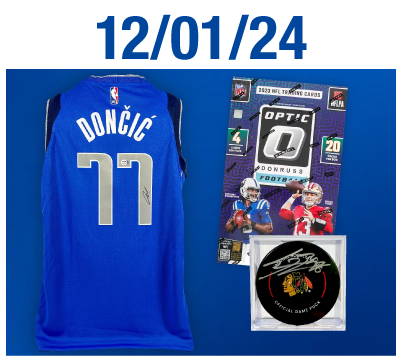 Giveaways for Sunday, December 1st Luka Doncic (Dallas Mavericks) Autographed Jersey Connor Bedard (Chicago Blackhawks) Autographed Puck 2023 Donruss Optic Football Hobby Box