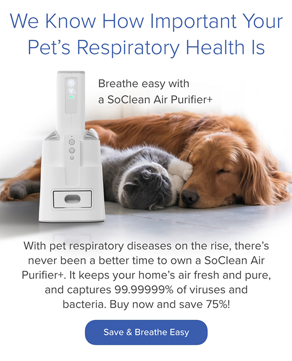 We Know How Important Your Pet's Respiratory Health Is. Breathe easy with a SoClean Air Purifier+. Buy now and save 75%! Save & Breathe Easy