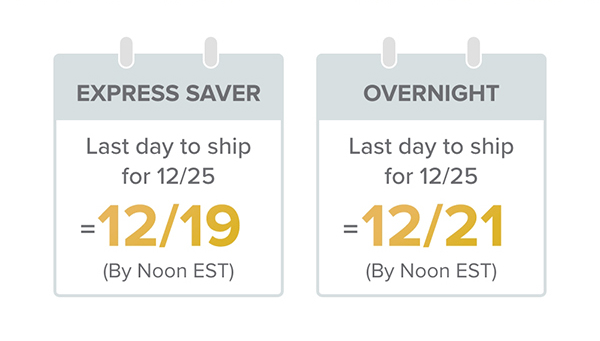 Last day to ship for 12/25 delivery: Express Saver by Noon EST 12/19 and Overnight by Noon EST 12/21.