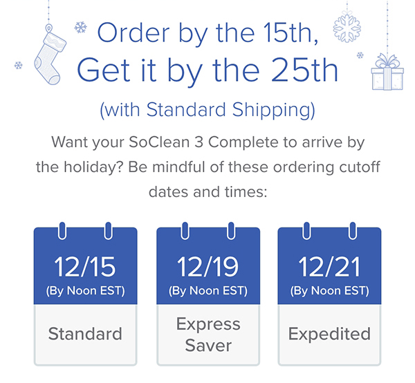 Order by the 15th, Get it by the 25th (with Standard Shipping). Want your SoClean 3 Complete to arrive by the holiday? Be mindful of these ordering cutoff dates and times: 12/15 by Noon EST for Standard, 12/19 by Noon EST for Express Saver, 12/21 by Noon EST for Expedited. Order Today.