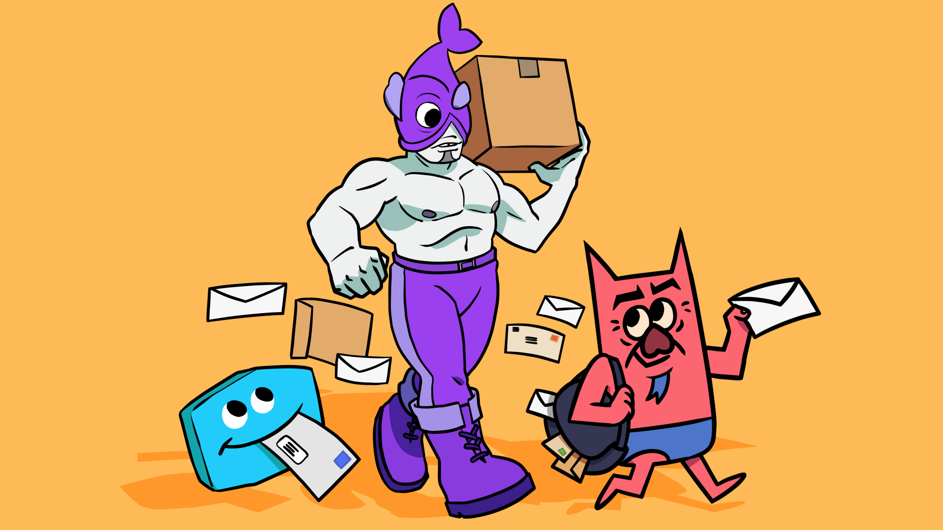 yellow background with jackbox characters: quip, fishman or river, and devil dad, all holding mail and packages