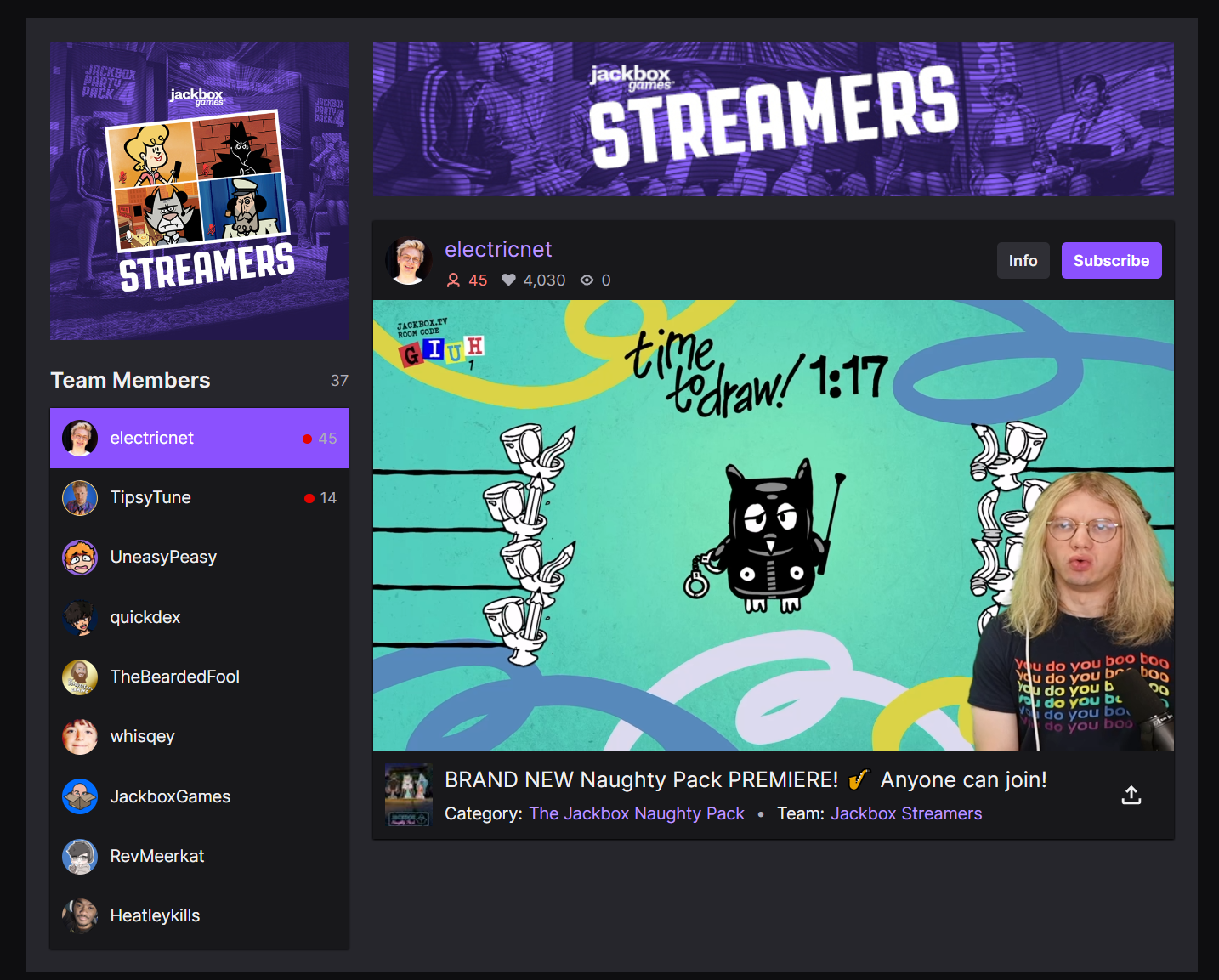 Jackbox Streamers main twitch hub with electricnet live