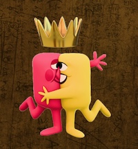 Two Megapals characters smushed together beneath a crown