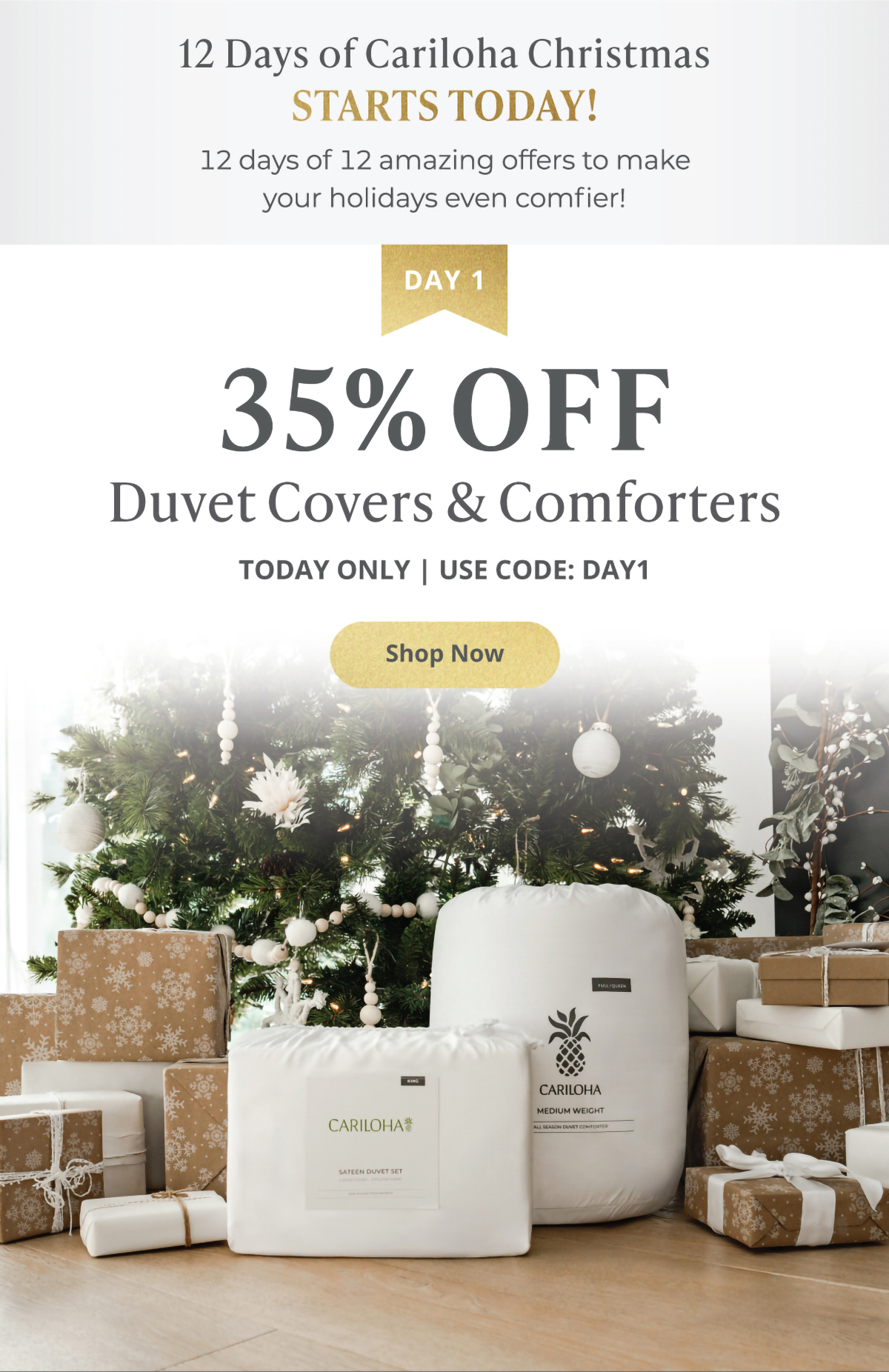 12 Days of Cariloha Christmas - 12 days of 12 amazing offers to make your holidays even comfier! DAY 1 | 35% Off Duvet Covers & Comforters | TODAY ONLY