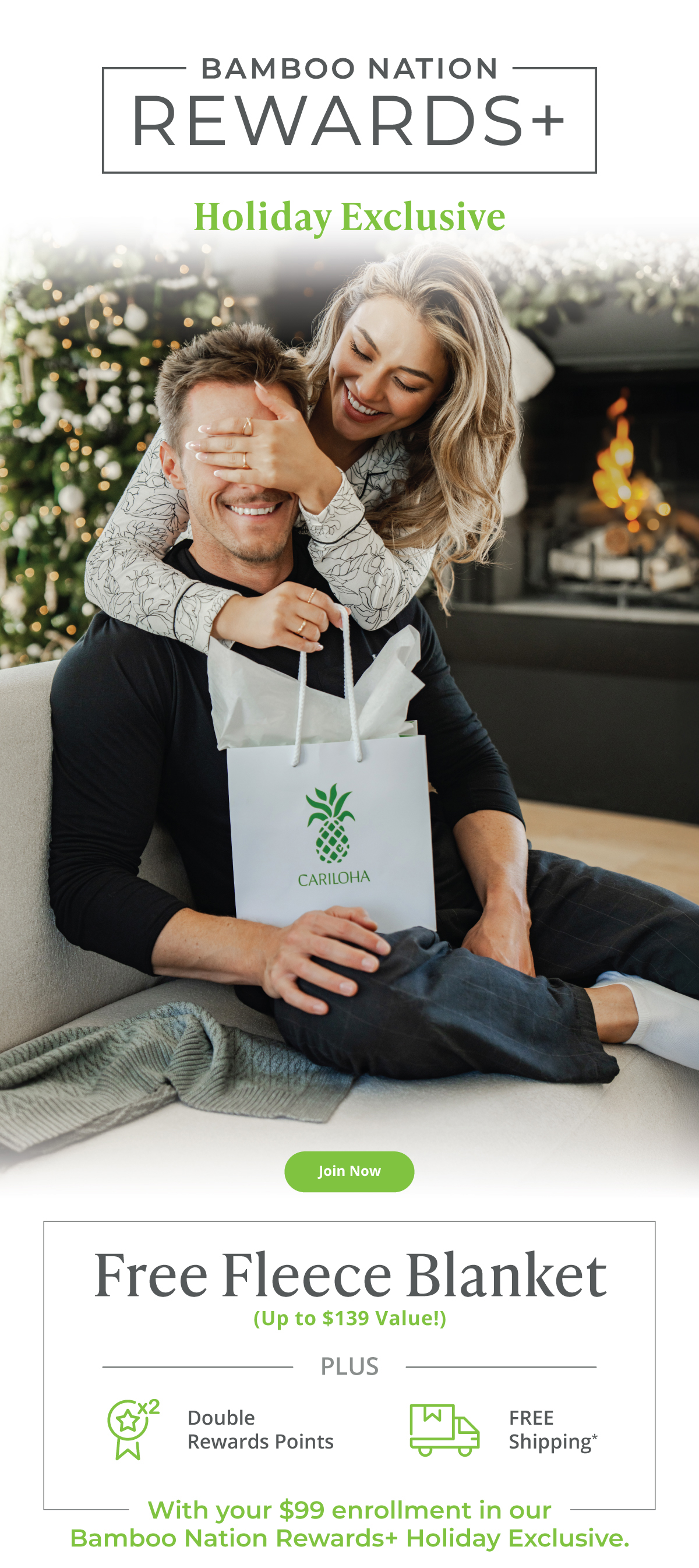 Bamboo Nation Rewards + Holiday Exclusive -- Includes a FREE Fleece Blanket, 2x Rewards Points, and Free US Shipping* through 12/31/24.