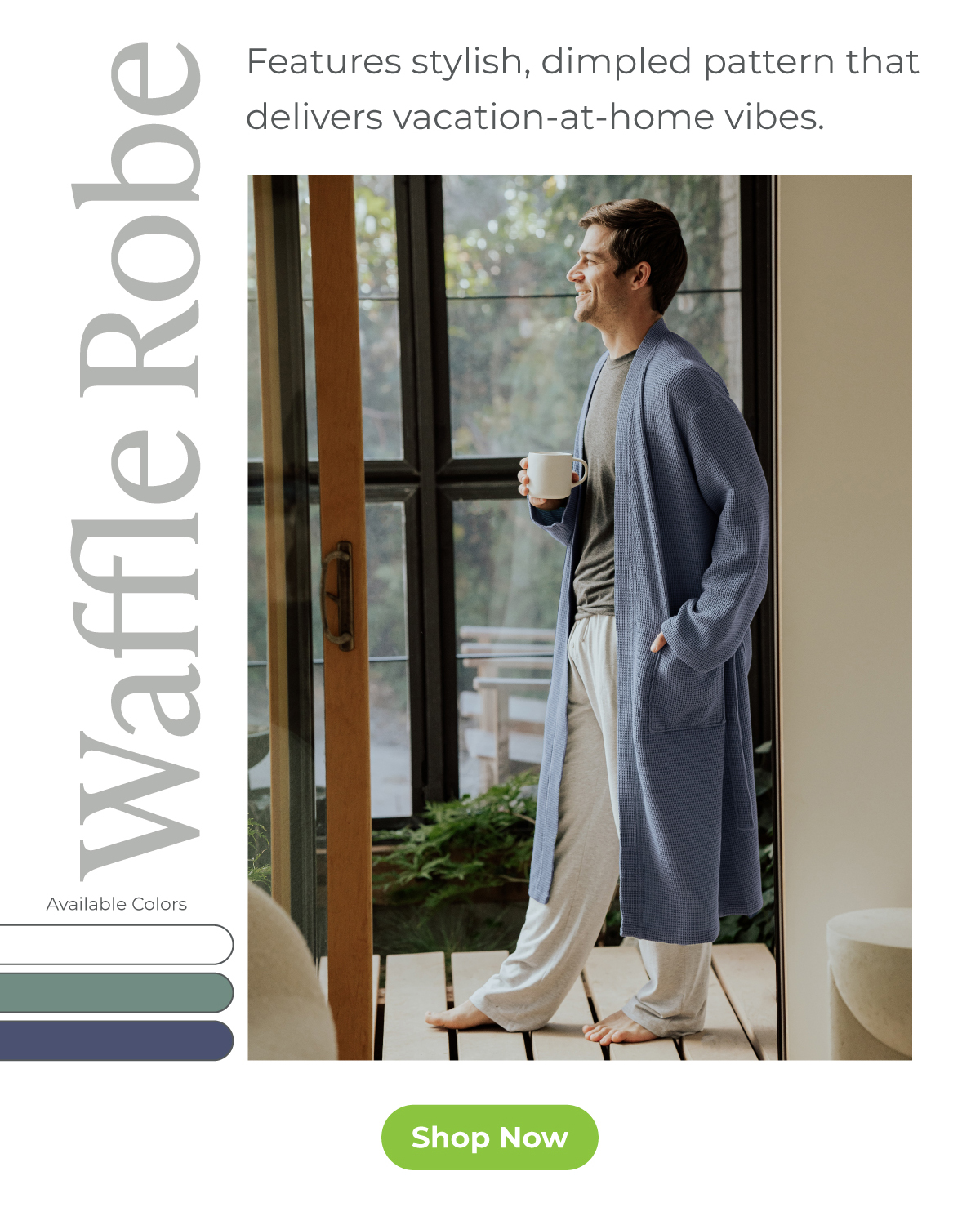 Waffle Robe: available in three colors ... Features stylish, dimpled pattern that delivers vacation-at-home vibes.