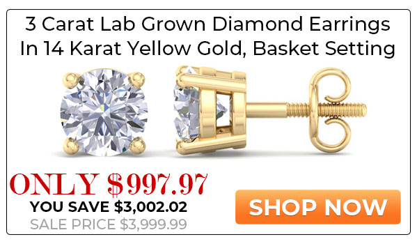 3 Carat Lab Grown Diamond Earrings In 14 Karat Yellow Gold, Basket Setting
