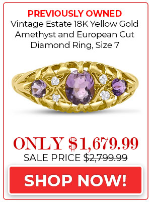 Vintage Estate 18K Yellow Gold Amethyst and European Cut Diamond Ring, Size 7