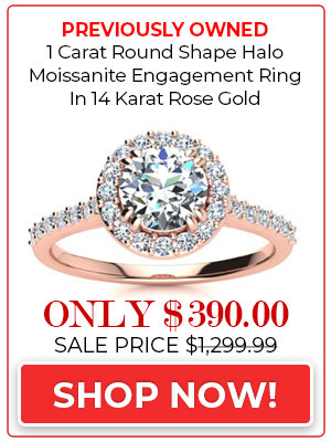 Previously Owned 1 Carat Round Shape Halo Moissanite Engagement Ring In 14 Karat Rose Gold, Size 7