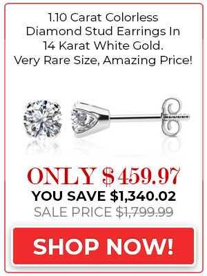 1.10 Carat Colorless Diamond Stud Earrings In 14 Karat White Gold. Very Rare Size, Amazing Price!