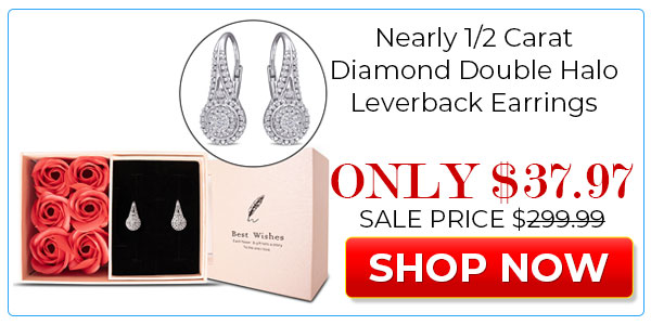 Diamond Drop Earrings Nearly 1/2 Carat Diamond Double Halo Leverback Earrings, 3/4 Inch