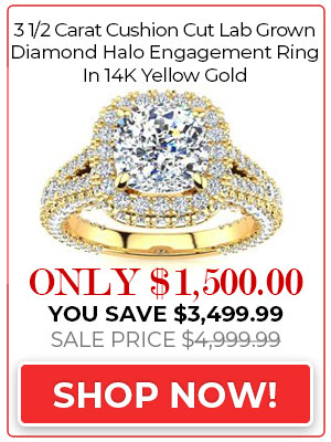 Lab Grown Diamond Engagement Rings 3 1/2 Carat Cushion Cut Lab Grown Diamond Halo Engagement Ring In 14K Yellow Gold