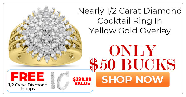 Important and Fabulous Nearly 1/2 Carat Diamond Cocktail Ring In Yellow Gold Overlay. Huge Amazing Ring!