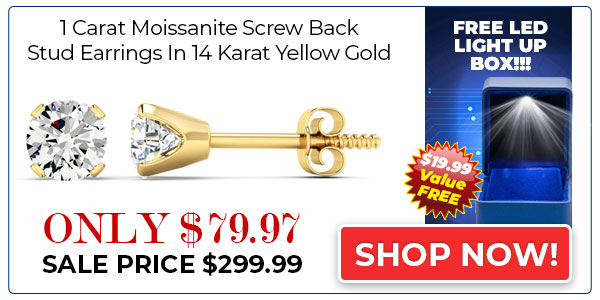 1 Carat Moissanite Screw Back Stud Earrings In 14K Yellow Gold. Fiery Amazing D-E Color, VVS Clarity Moissanite! Very Popular!