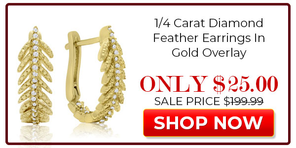 1/4 Carat Diamond Feather Earrings In Gold Overlay With Latch backs