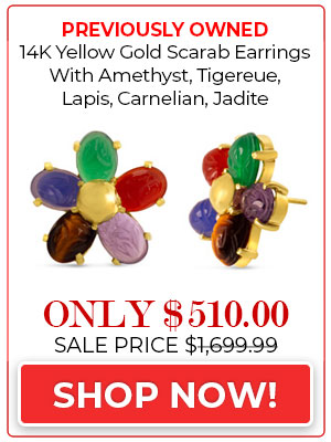 Previously Owned 14K Yellow Gold Scarab Earrings With Amethyst, Tigereue, Lapis, Carnelian, Jadite